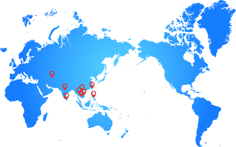 対応可能な国に赤いピンを記した世界地図のイラスト